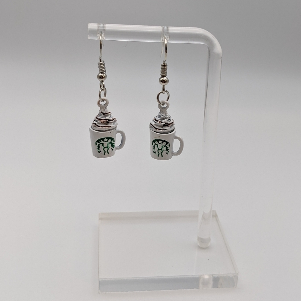 Starbucks coffee mug drop earrings. Classic white mug with whip cream
